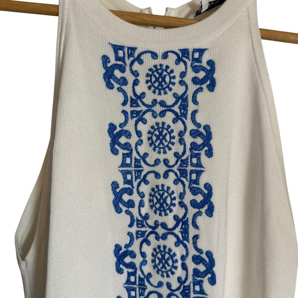 Parker Cheryl White Blue Embroidery Knit Halter Fit & Flare Preppy Coastal Dress - Picture 7 of 16